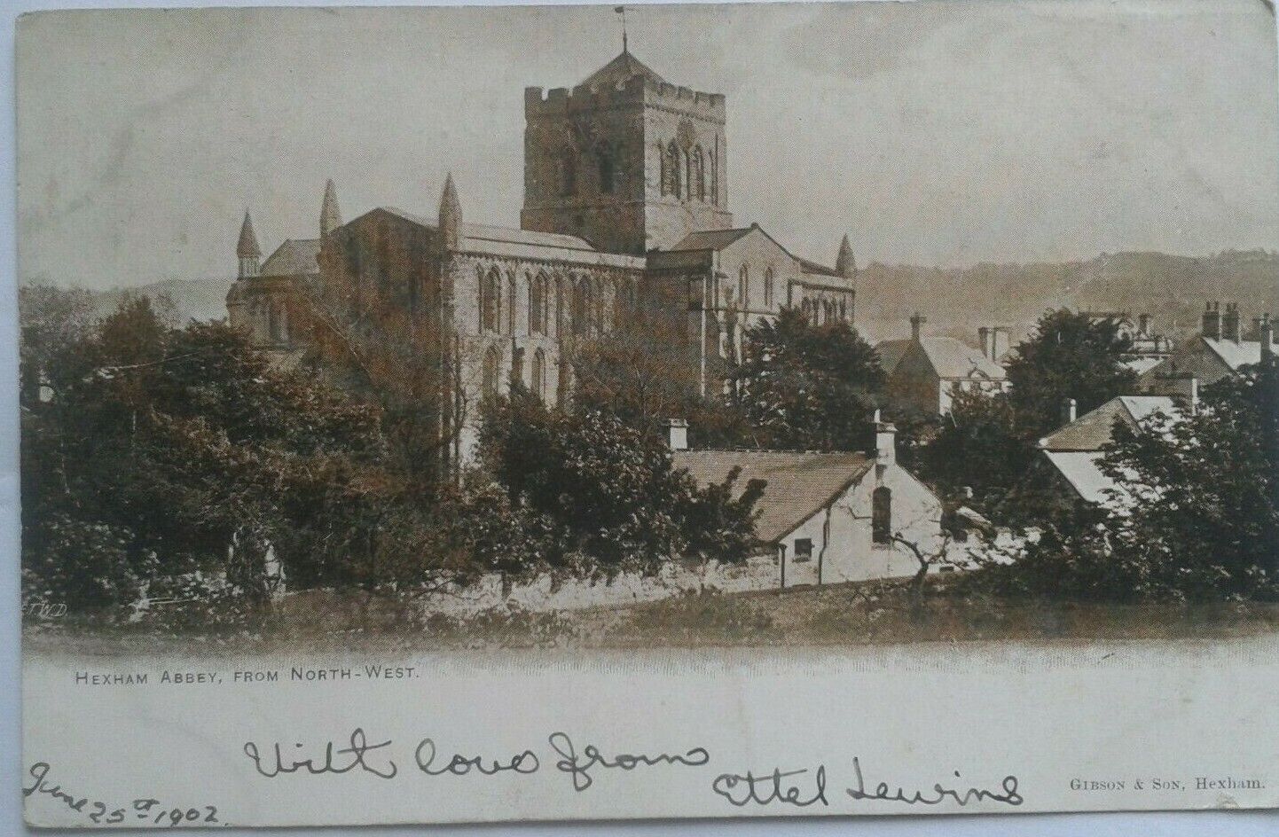 House Clearance - 1 OLD POSTCARD OF HEXHAM ABBEY , FROM NORTH WEST  postally used