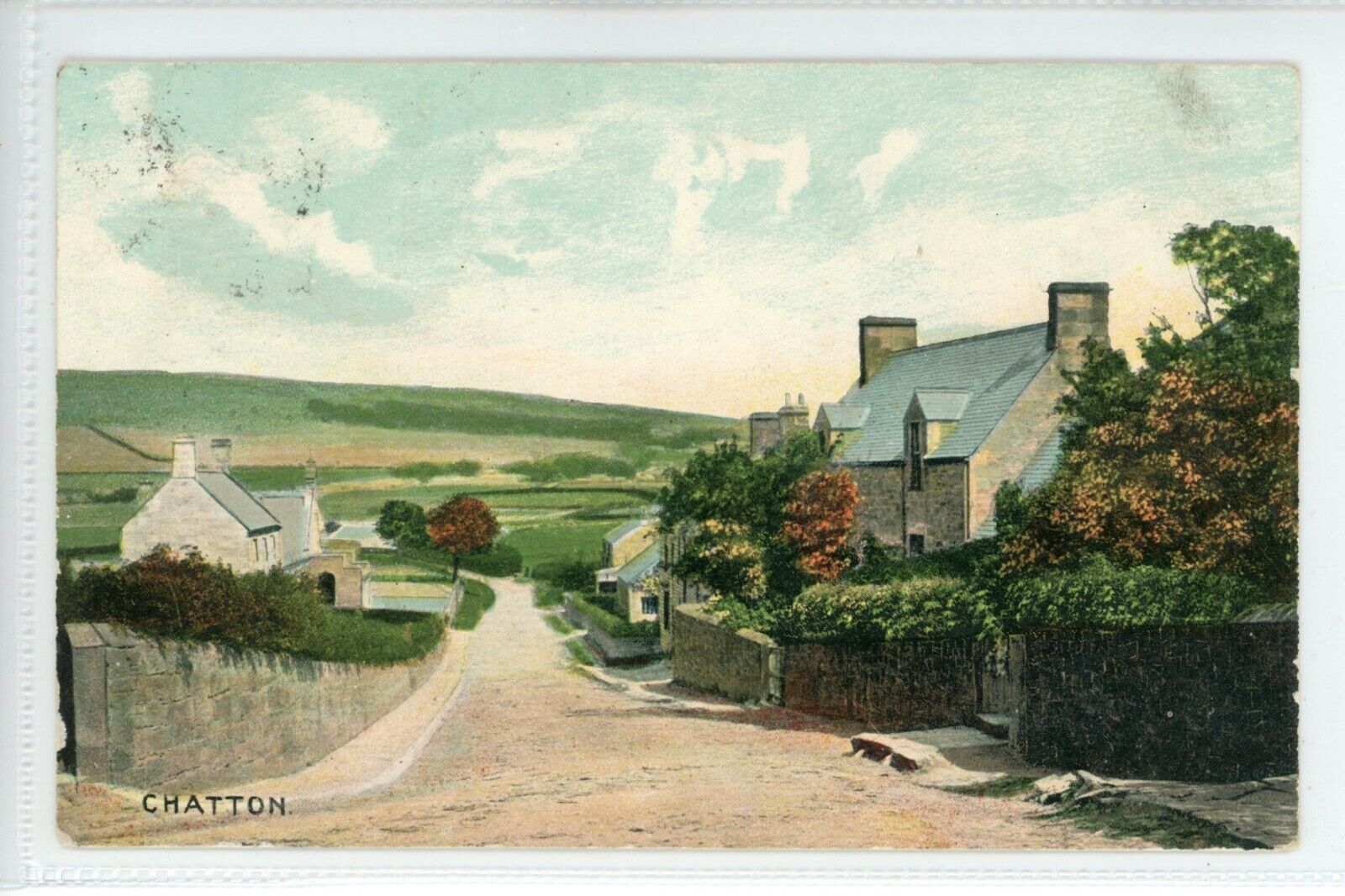 House Clearance - Chatton, village view pu 1905 Wooler 63 vertical numeral duplex postmark