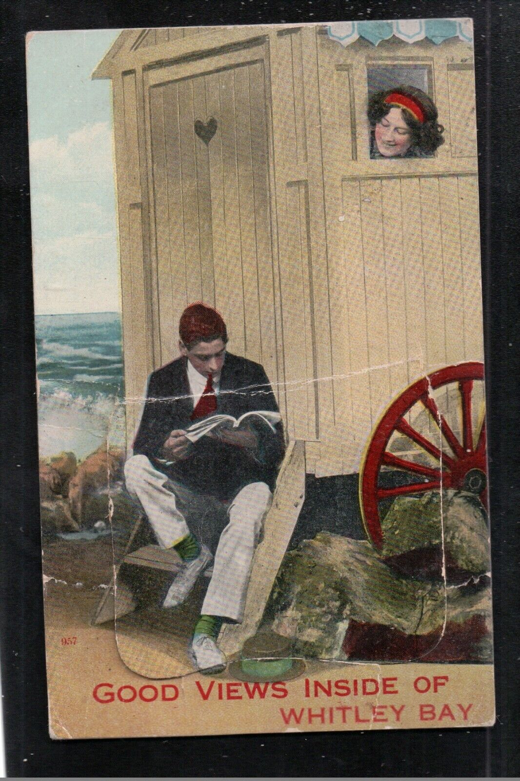 House Clearance - Good Views Inside Of WHITLEY BAY 1913 Mailing Novelty Service ~ BEACH HUT