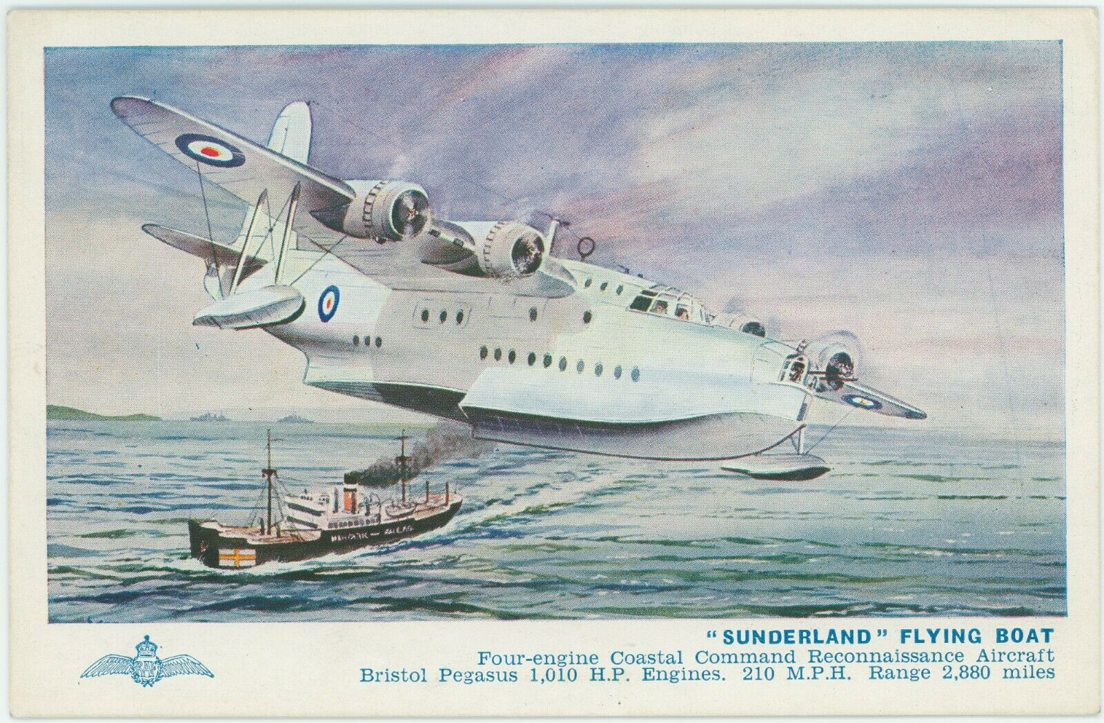 House Clearance - ORIGINAL WW2 J SALMON SERIES AIRCRAFT POSTCARD - SUNDERLAND FLYING BOAT