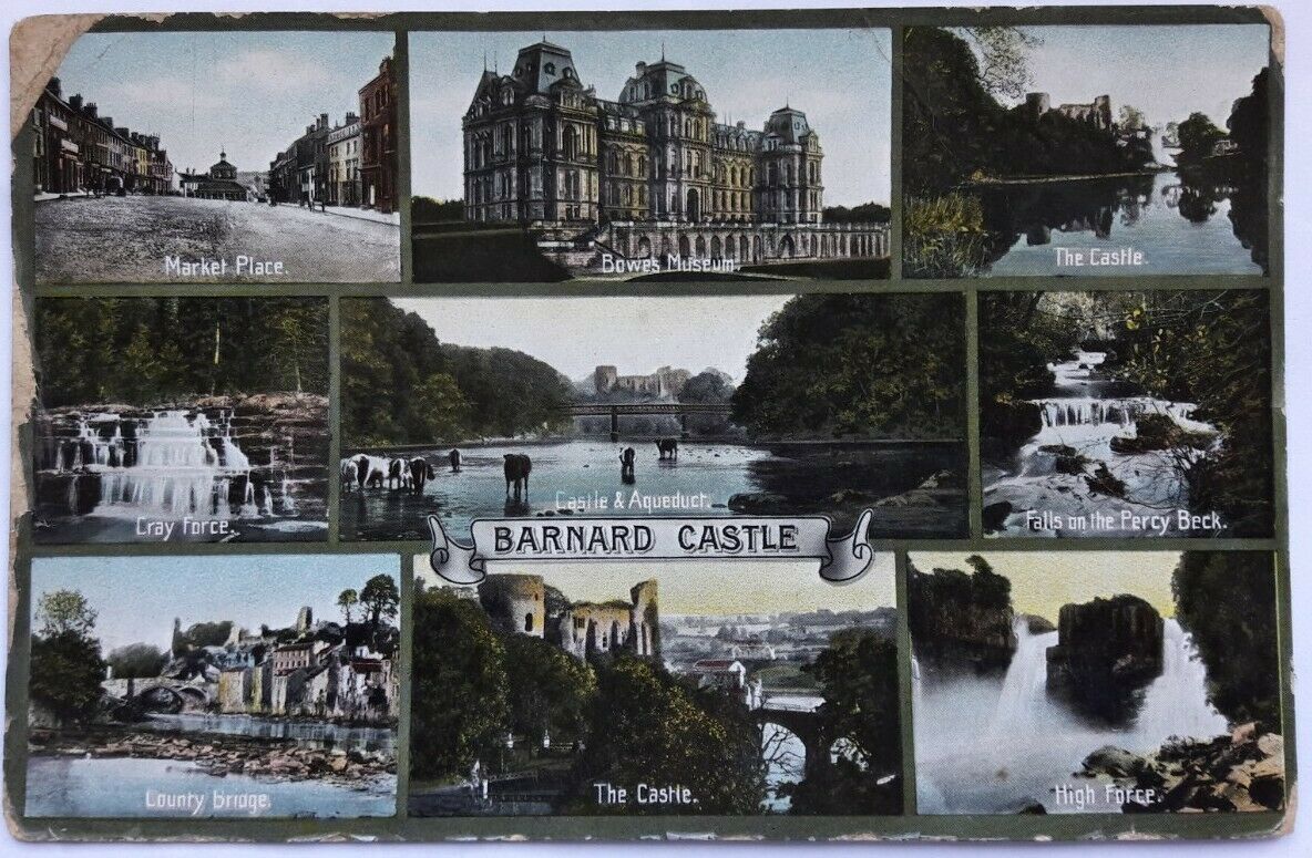 House Clearance - 1 OLD POSTCARD OF MULTI VIEW OF BARNARD CASTLE , postally unused