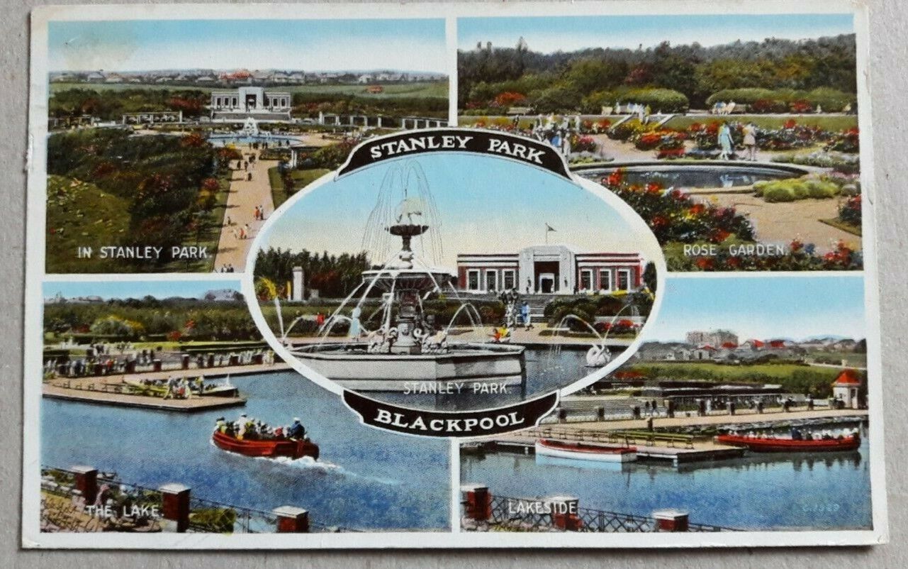 House Clearance - 1 OLD POSTCARD OF MULTI VIEW OF STANLEY PARK , BLACKPOOL  ,  postally used 1939