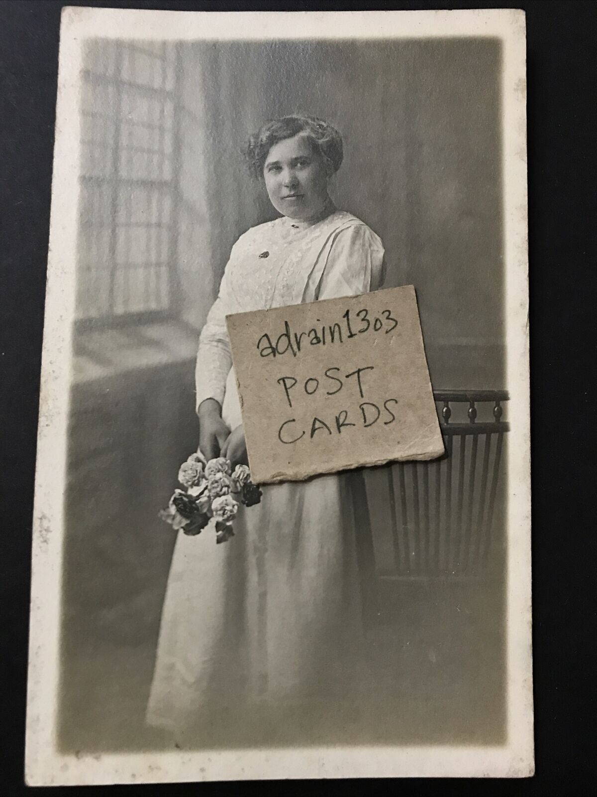 House Clearance - c1905 RP Woman Portrait/ Flowers/ Thirlwell Stockton Hartlepool Bishop Auckland
