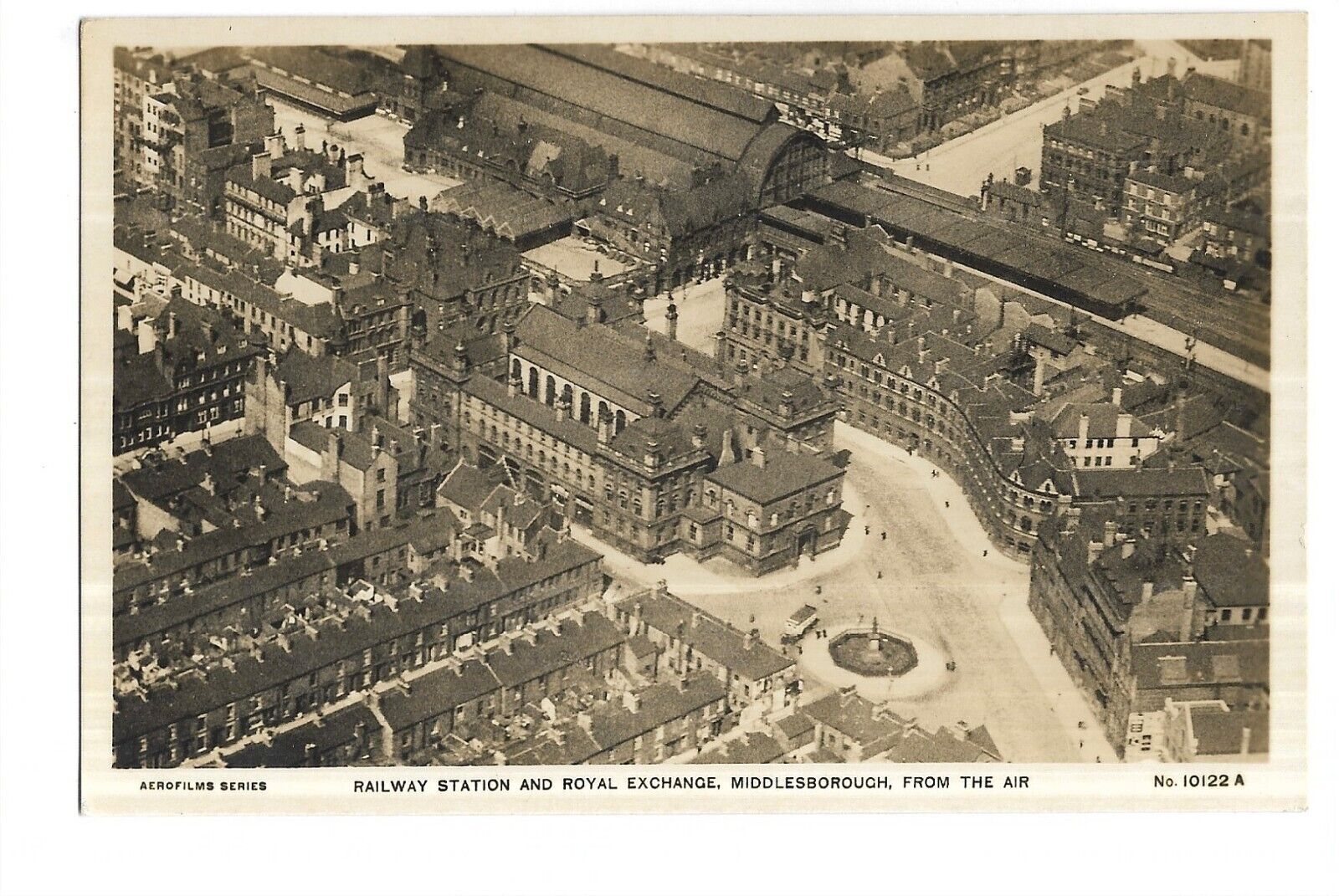 House Clearance - Yorkshire. Railway Station and Royal Exchange, Middlesbrough from the air. R/P.