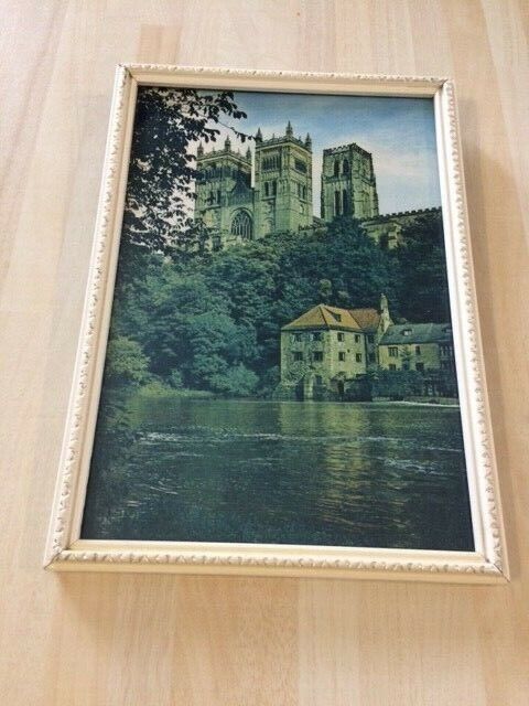House Clearance - Vintage Durham Cathedral Framed Picture White & Silver Frame 9" x 6.5 23 x 16 cm