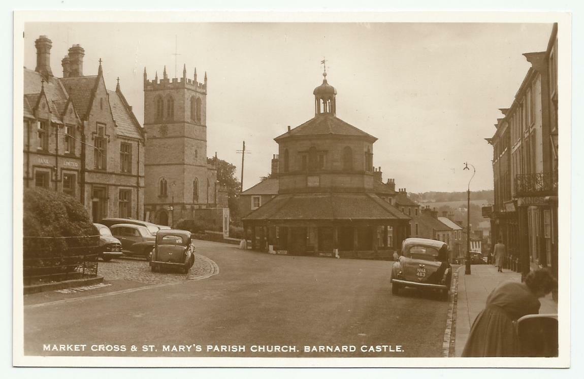 House Clearance - B & W RPPC of Mkt Cross & St Mary's Parish Church, Barnard Castle, County Durham