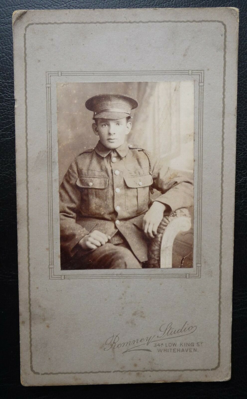 House Clearance - NEW BRITISH ARMY RECRUIT. WW1 REAL PHOTO CABINET CARD WHITEHAVEN PHOTOGRAPHER