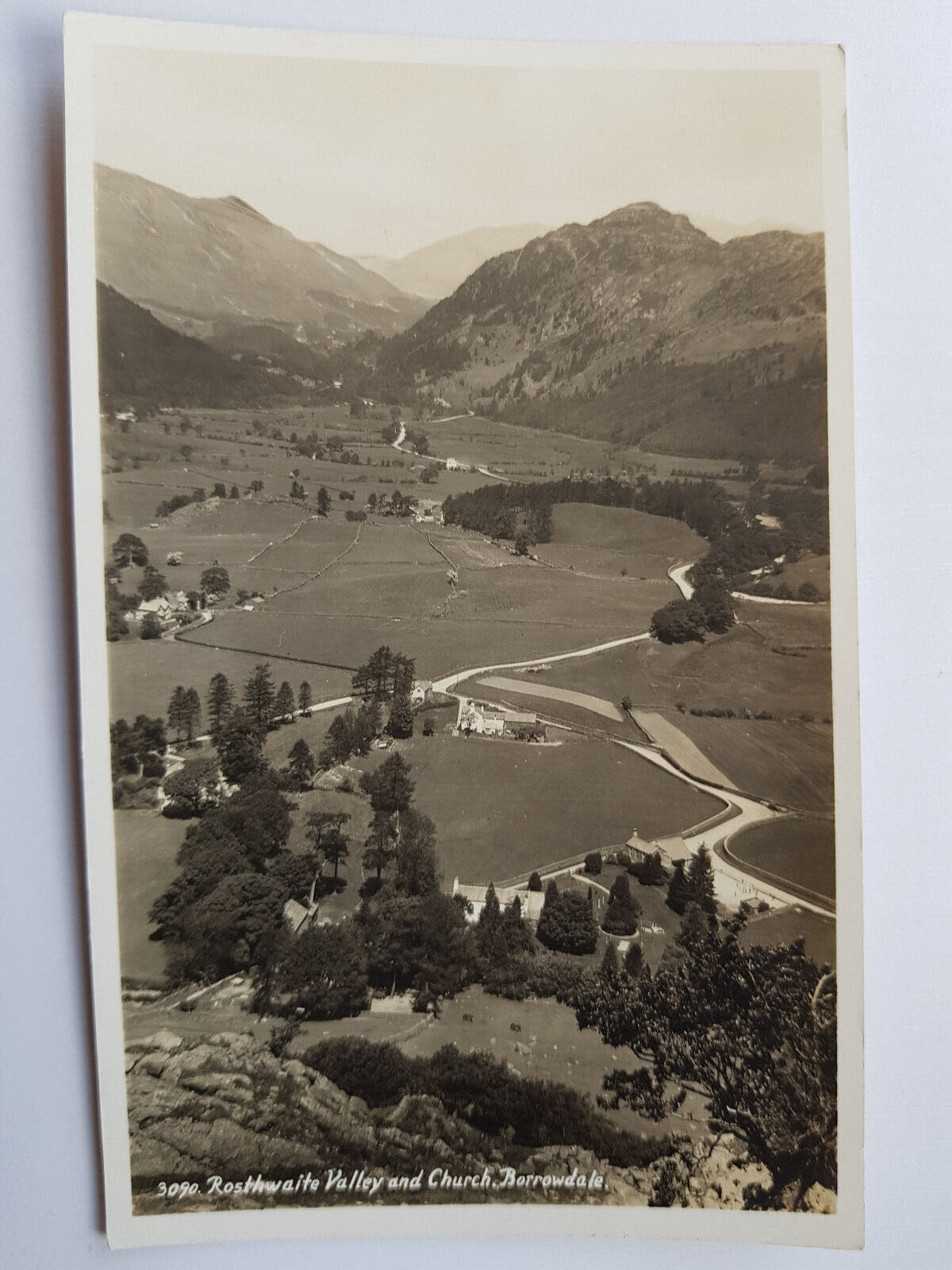 House Clearance - Vintage Service - Rosthwaite Valley and Church, Borrowdale Real Photo RPPC B&W