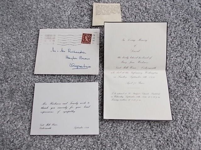 House Clearance - COCKERMOUTH MEMORIAL LETTER - HARKNESS GENEOLOGY- NEWSPAPER CUTTING & CARD