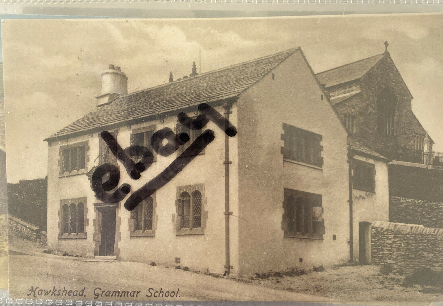 House Clearance - HAWKSHEAD CUMBRIA ? VINTAGE POSTED 1911 OF OLD GRAMMAR SCHOOL HAS CREASES WAF